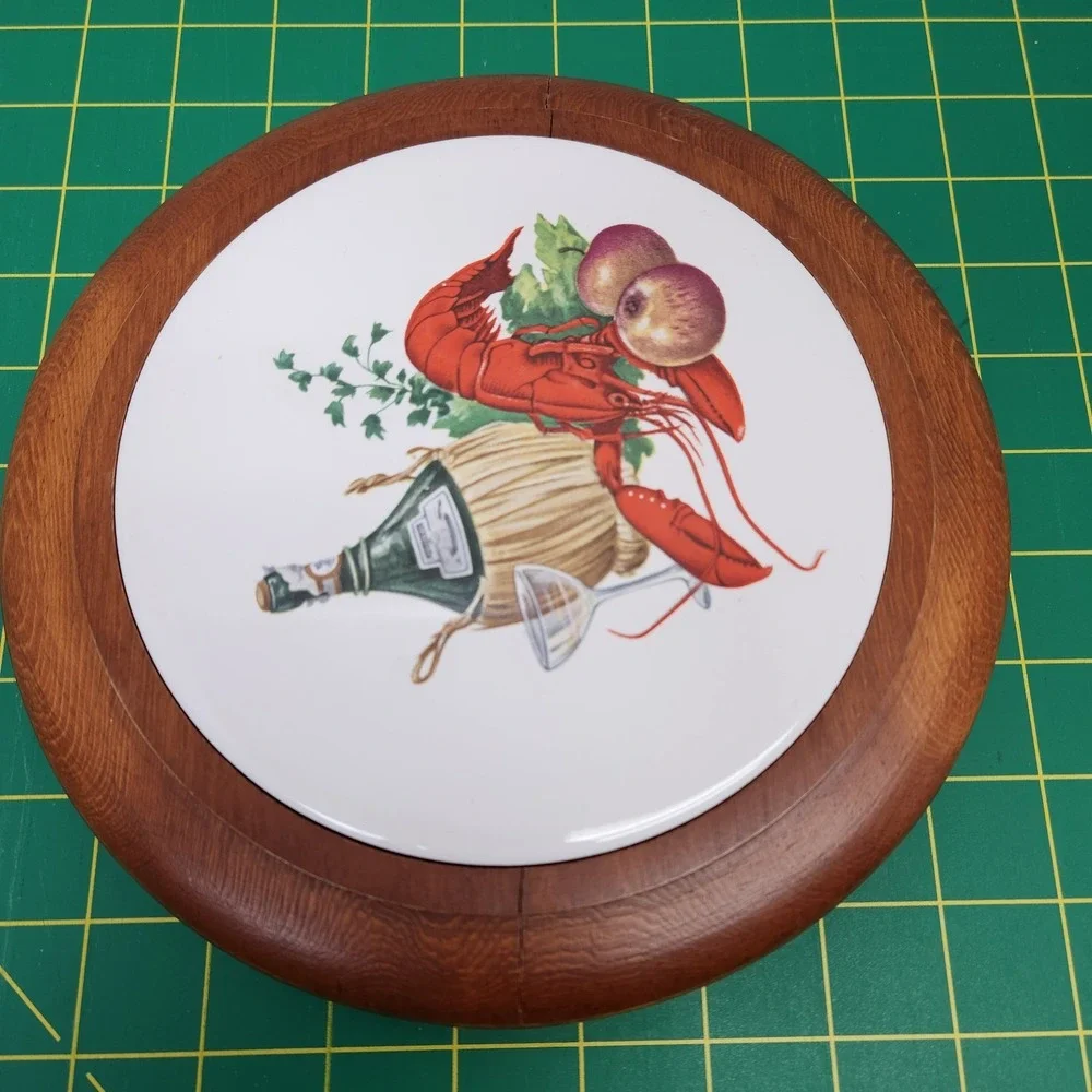 1970s Vtg Good wood Teak Flawed  Cheese Tray Glass Dome Cloche Wine Lobster